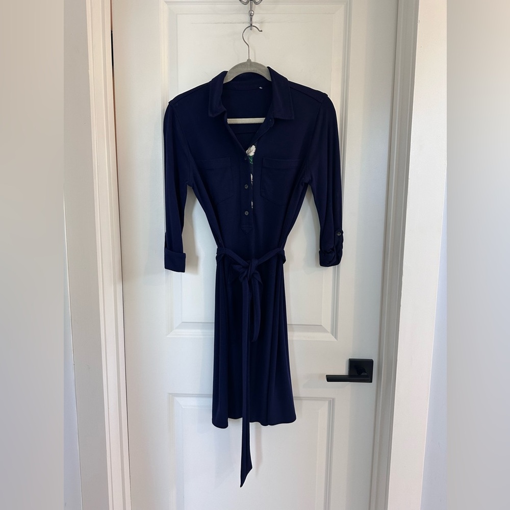 Draper James Navy Button-Front Shirt Dress with Tie Waist